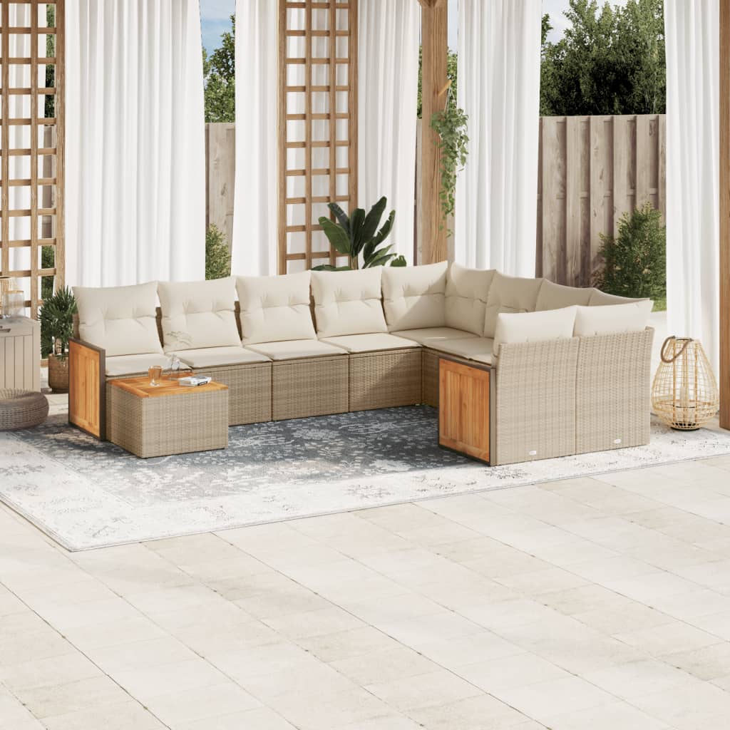 vidaXL 10-tlg. Garten-Sofagarnitur mit Kissen Beige Poly Rattan