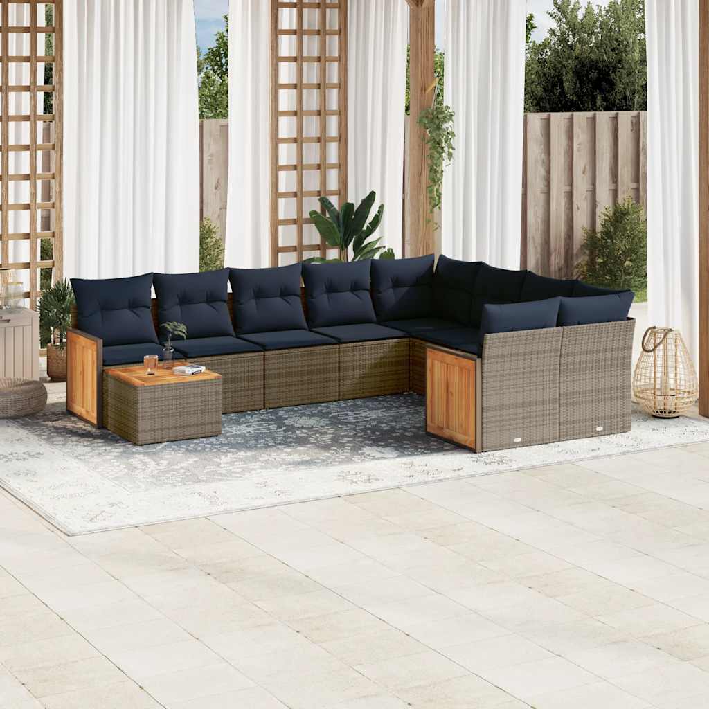 vidaXL 10-teiliges Gartensofa-Set mit Kissen, grau, Polyrattan