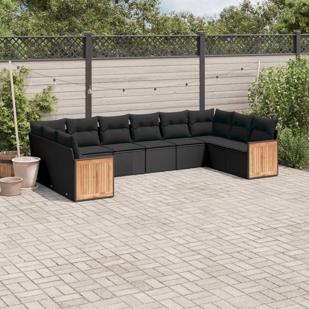 vidaXL 10-tlg. Garten-Sofagarnitur mit Kissen Schwarz Poly Rattan