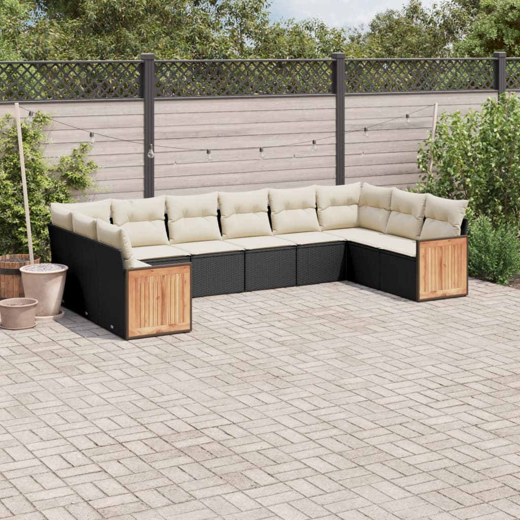 vidaXL 10-tlg. Garten-Sofagarnitur mit Kissen Schwarz Poly Rattan