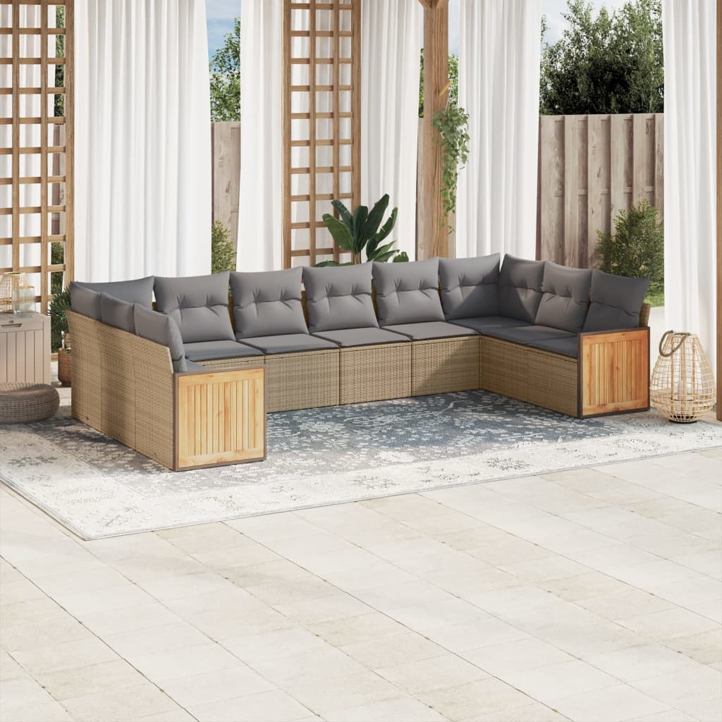 vidaXL 10-tlg. Garten-Sofagarnitur mit Kissen Beige Poly Rattan