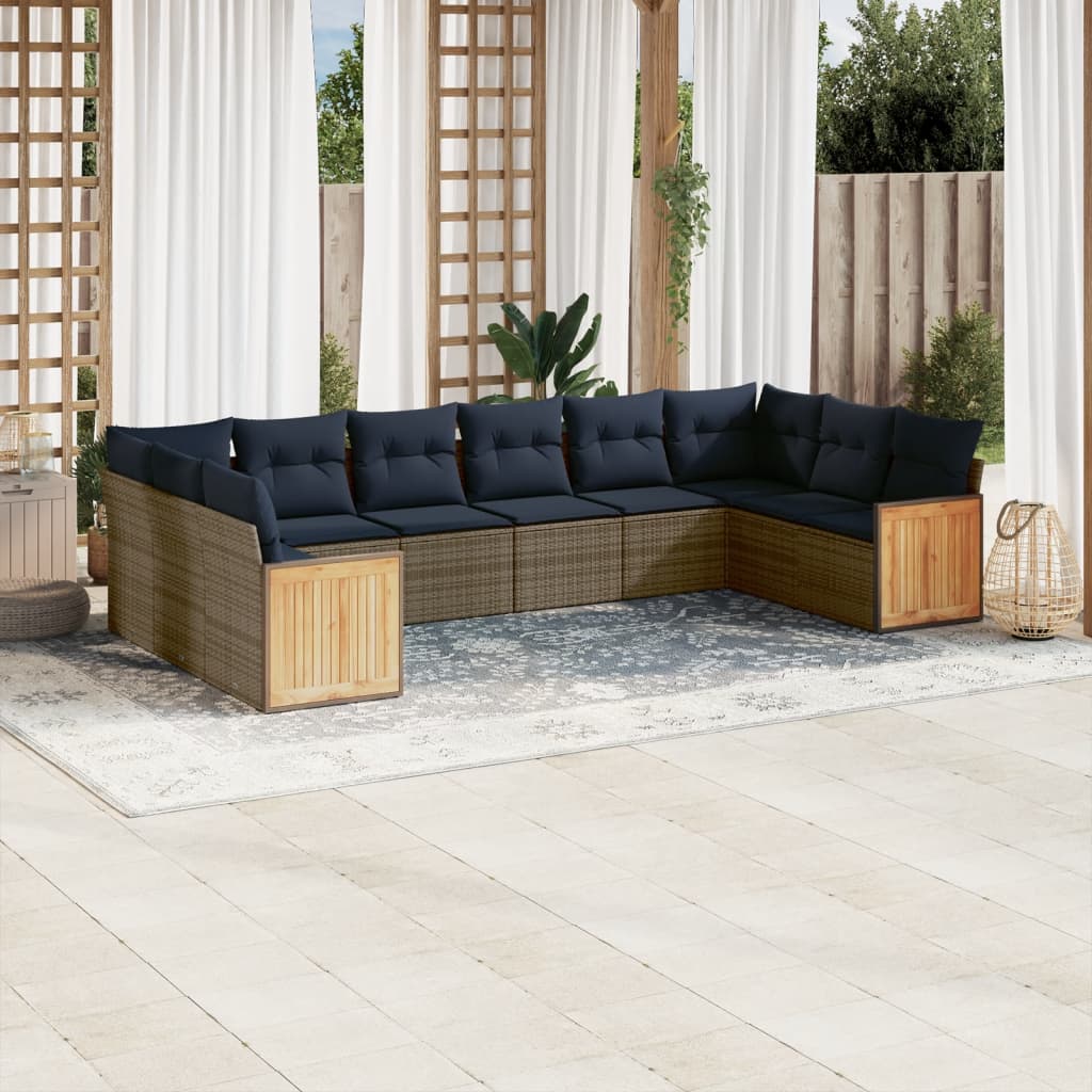 vidaXL 10-teiliges Gartensofa-Set mit Kissen, grau, Polyrattan