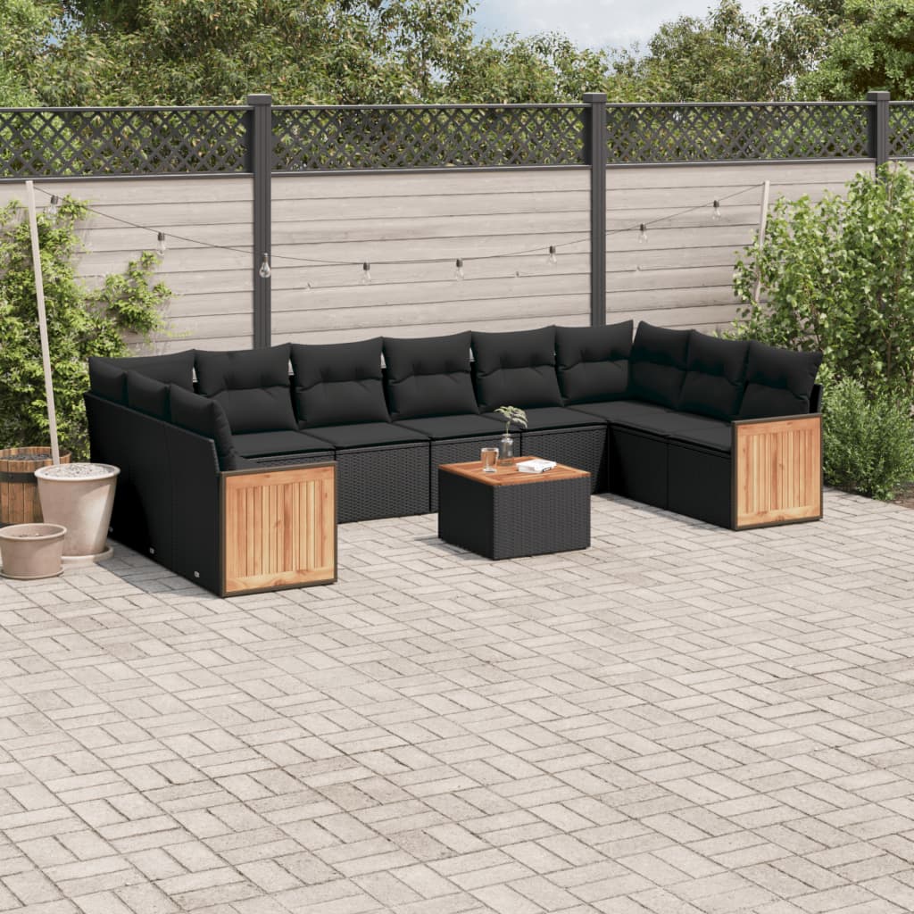 vidaXL 11-tlg. Garten-Sofagarnitur mit Kissen Schwarz Poly Rattan