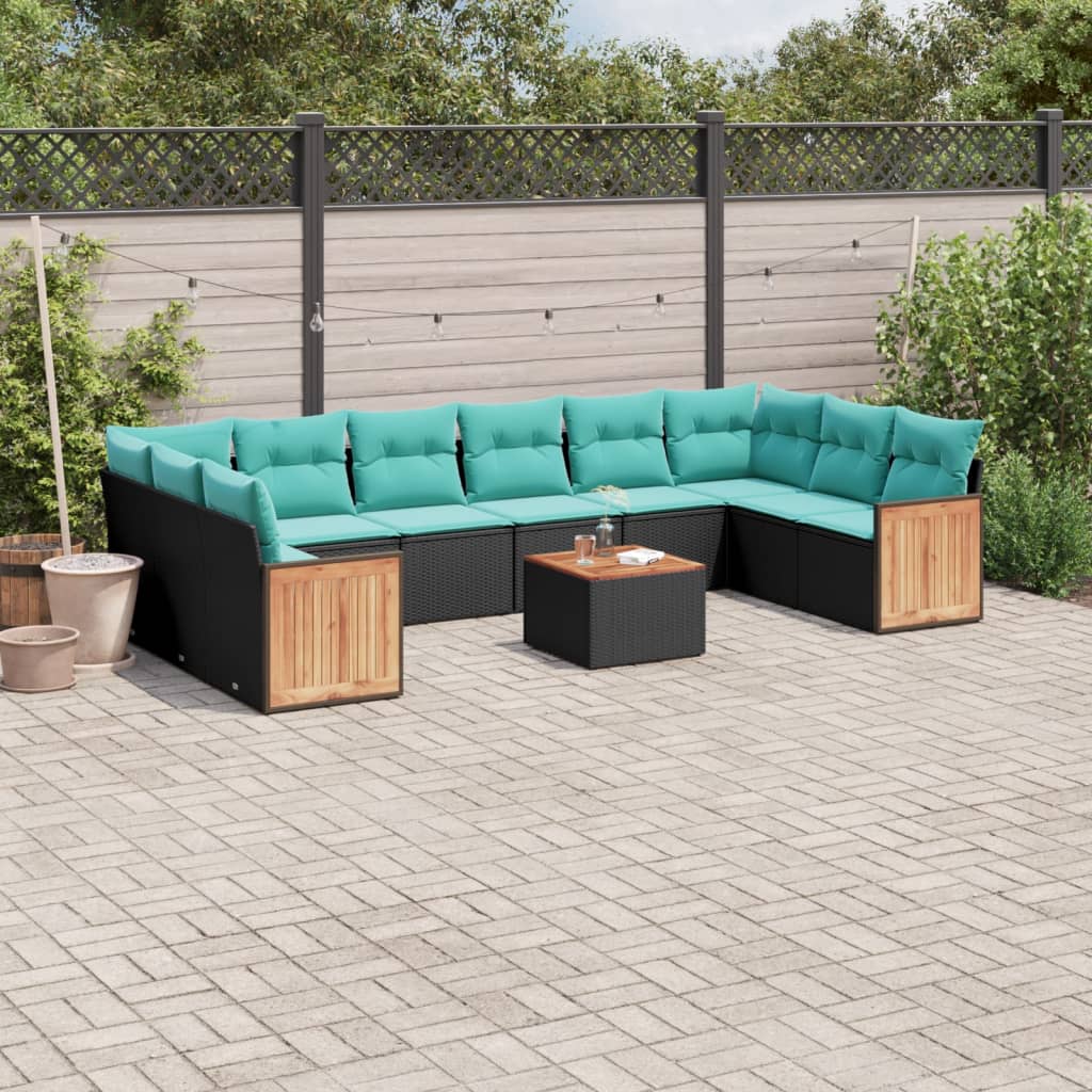 vidaXL 11-teiliges Gartensofa-Set mit Kissen, schwarzes Polyrattan
