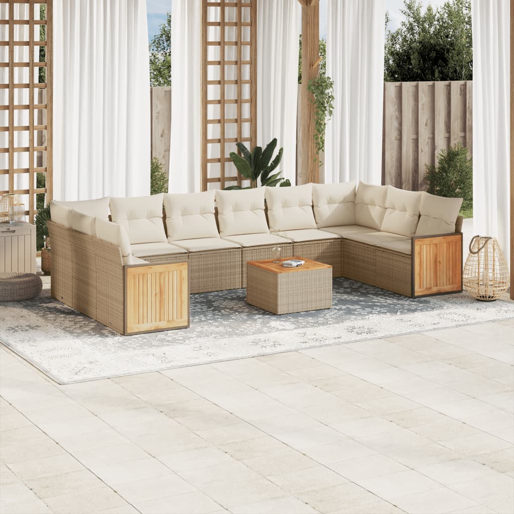 vidaXL 11-tlg. Garten-Sofagarnitur mit Kissen Beige Poly Rattan