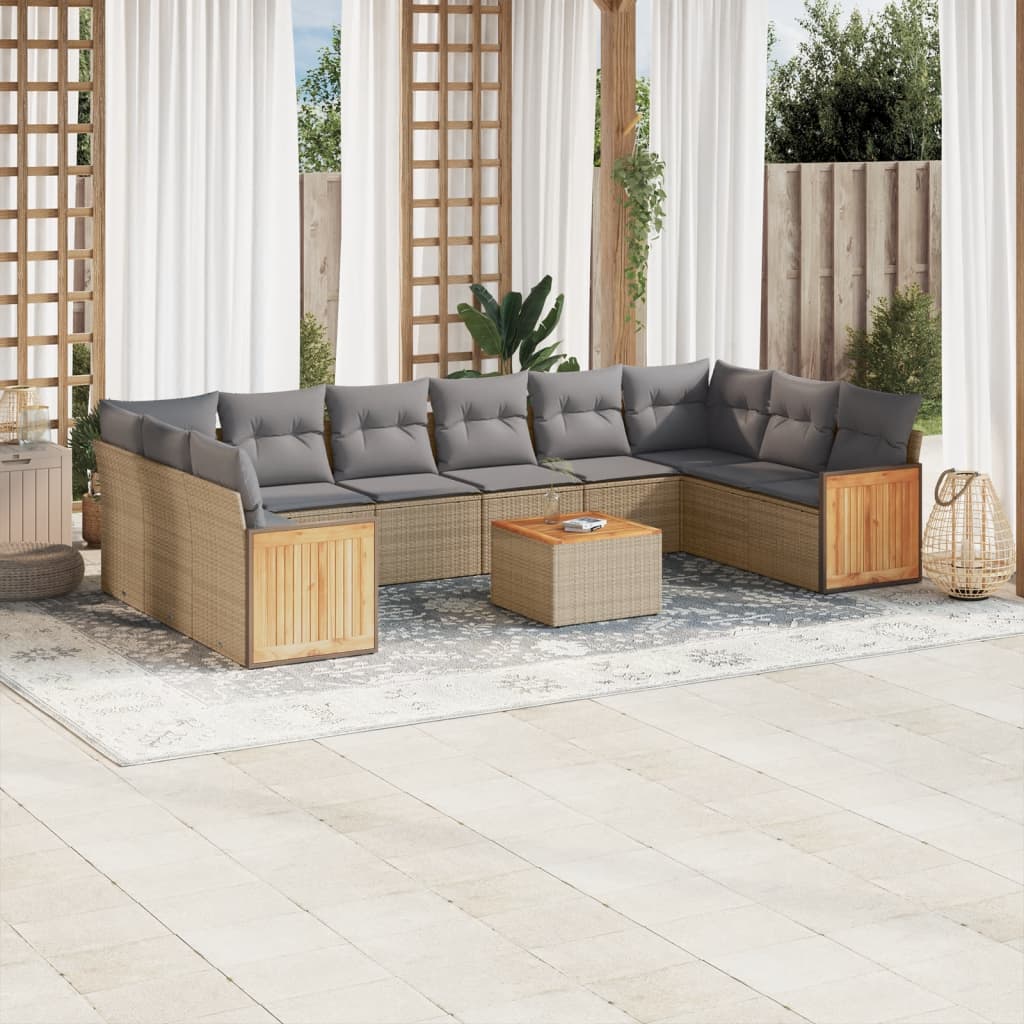 vidaXL 11-tlg. Garten-Sofagarnitur mit Kissen Beige Poly Rattan