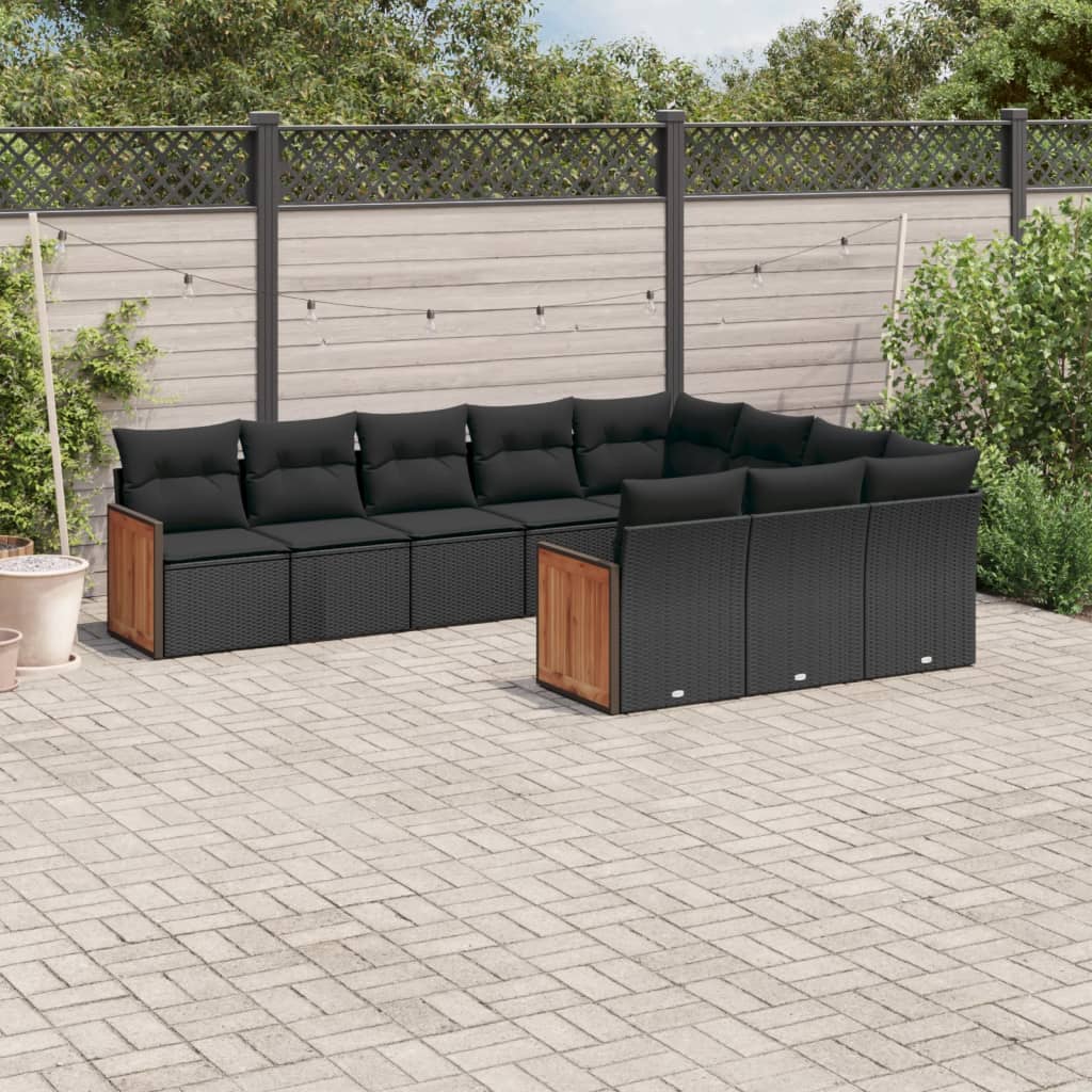 vidaXL 10-tlg. Garten-Sofagarnitur mit Kissen Schwarz Poly Rattan