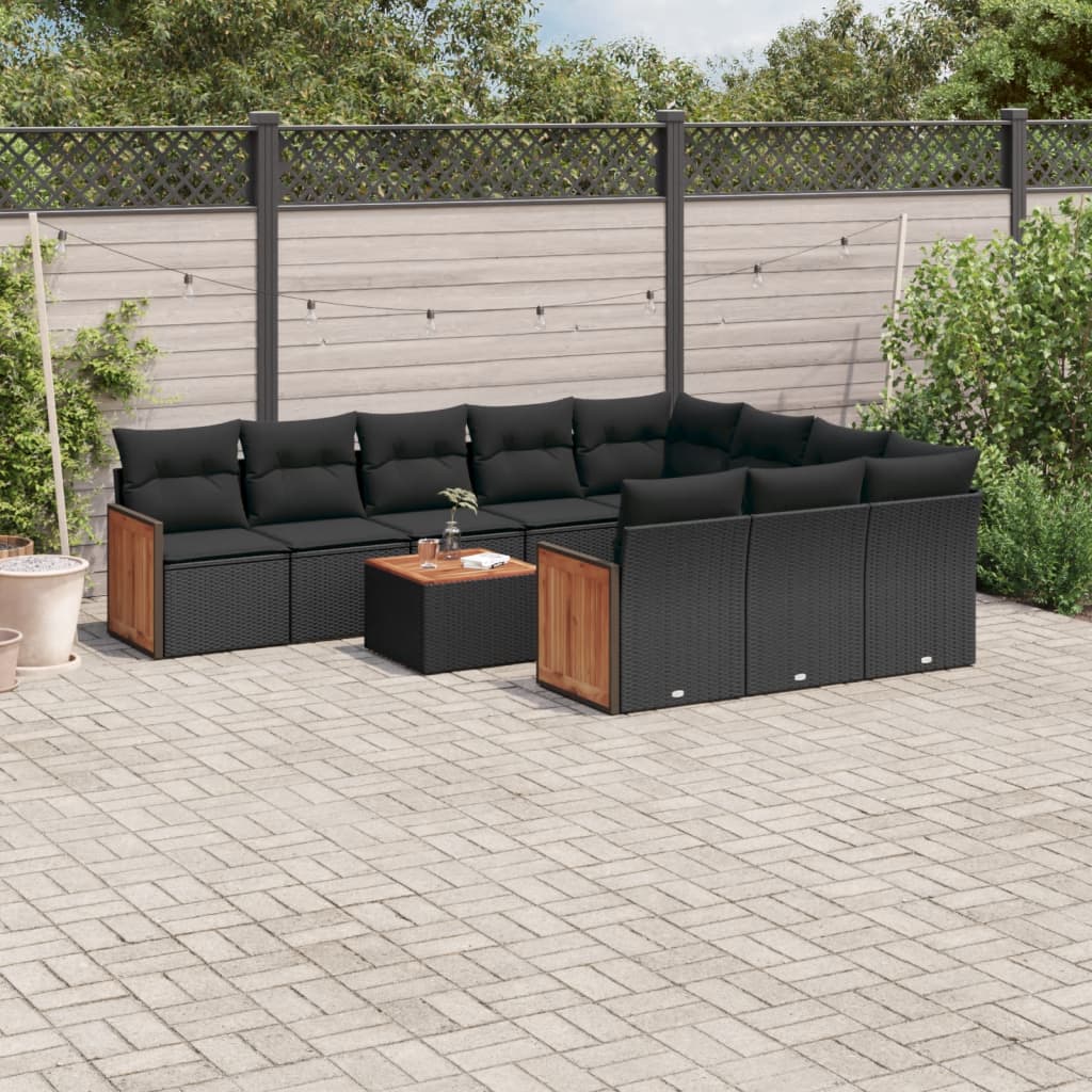 vidaXL 11-tlg. Garten-Sofagarnitur mit Kissen Schwarz Poly Rattan