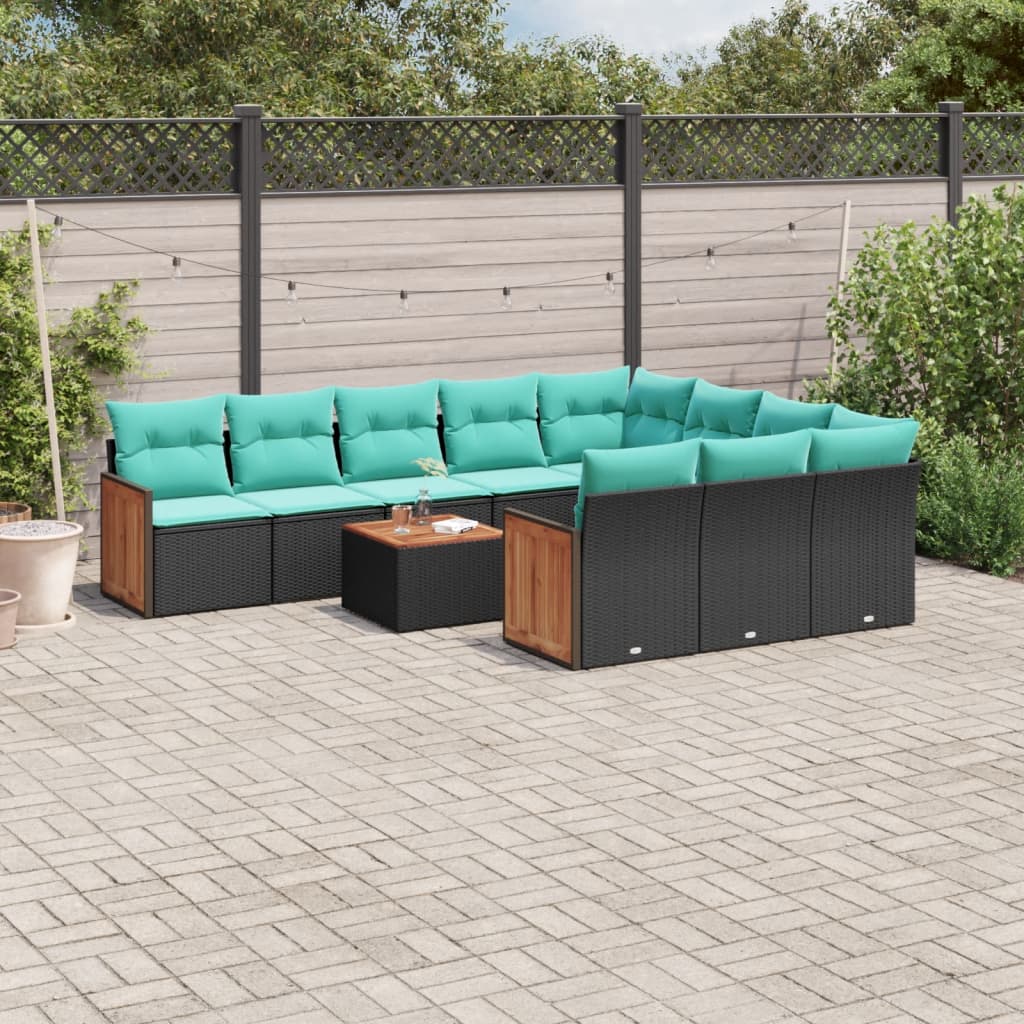 11 Piece Patio Sofa Set with Cushions Black Poly Rattan