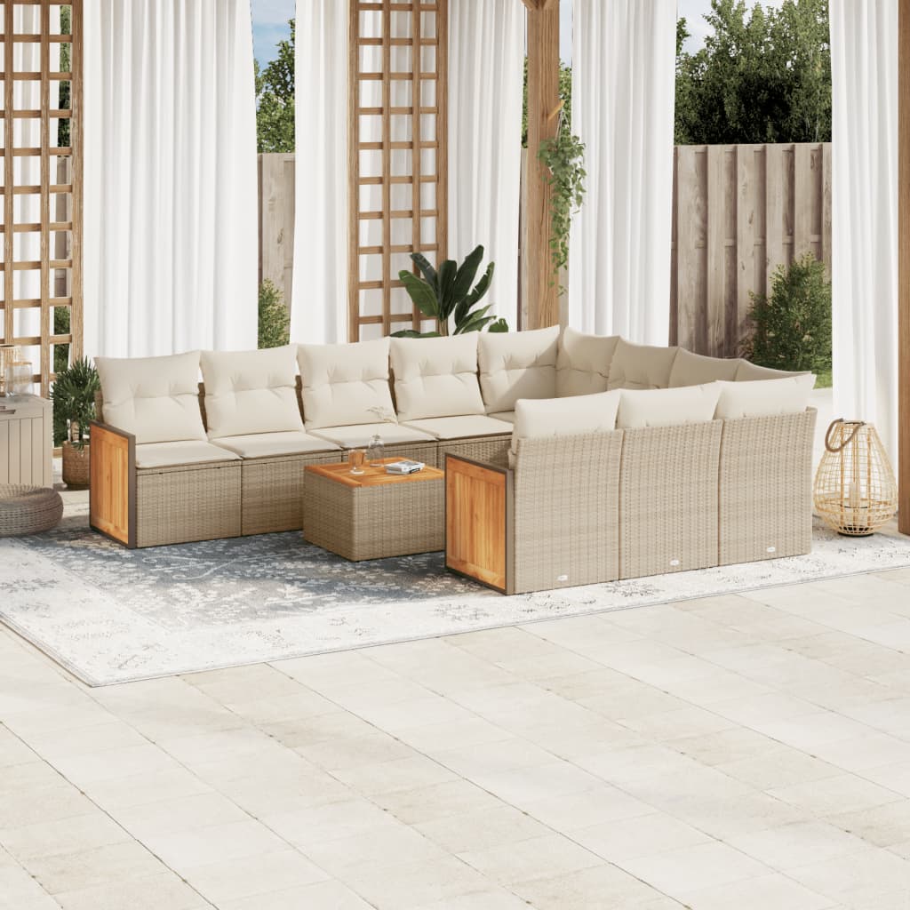 vidaXL 11-tlg. Garten-Sofagarnitur mit Kissen Beige Poly Rattan