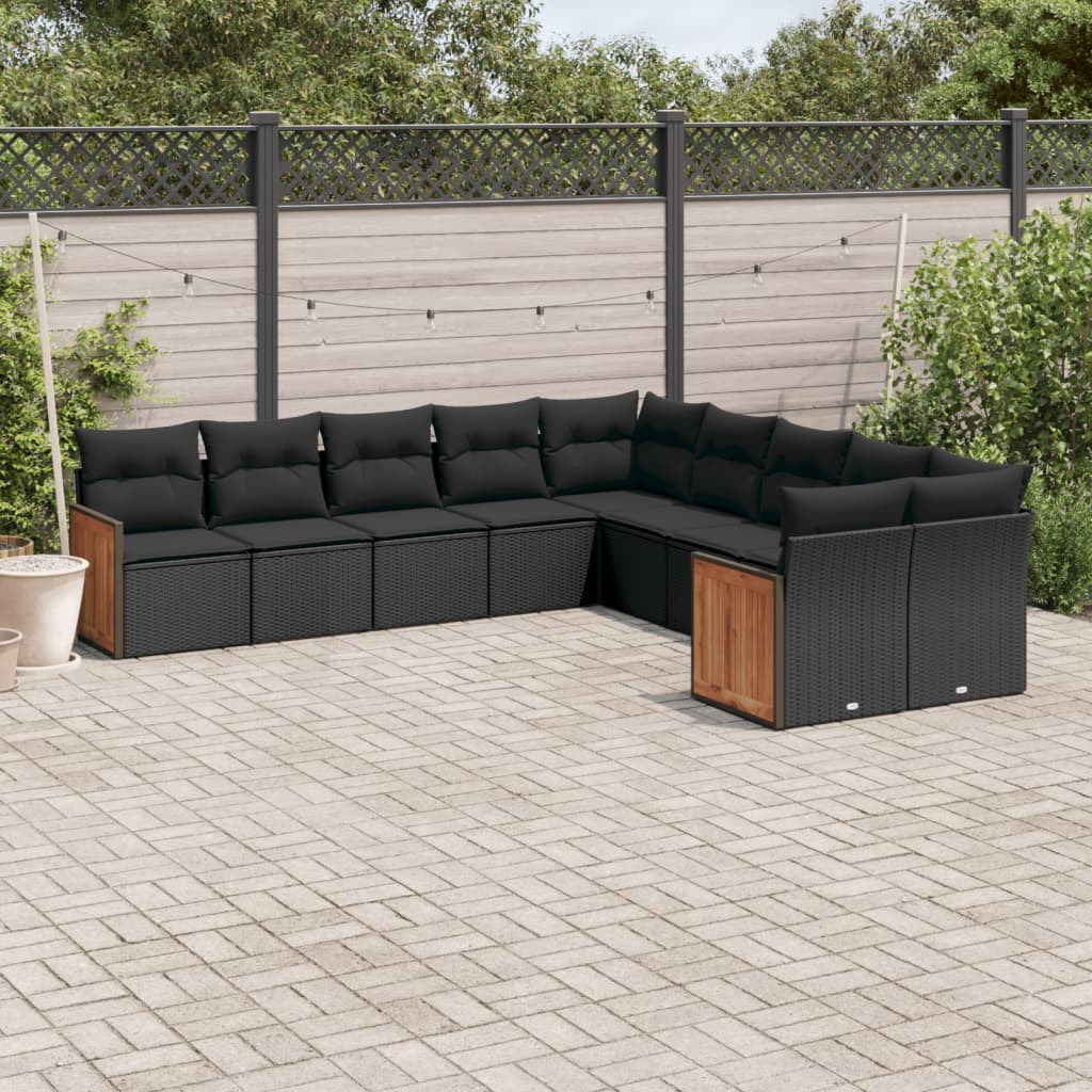 vidaXL 10-tlg. Garten-Sofagarnitur mit Kissen Schwarz Poly Rattan