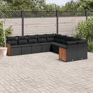 Vrtna sedežna garnitura 10-delna z blazinami črn poli ratan