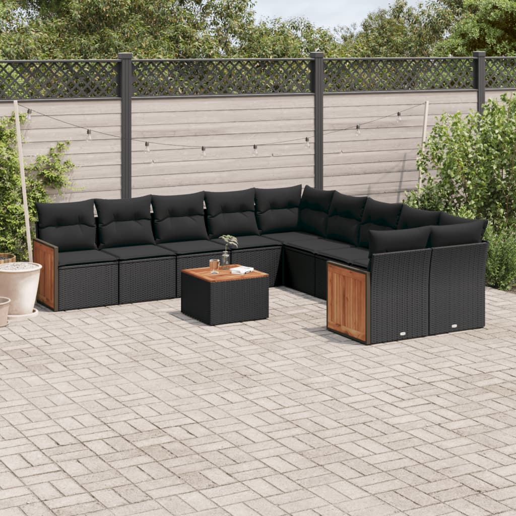 vidaXL 11-tlg. Garten-Sofagarnitur mit Kissen Schwarz Poly Rattan