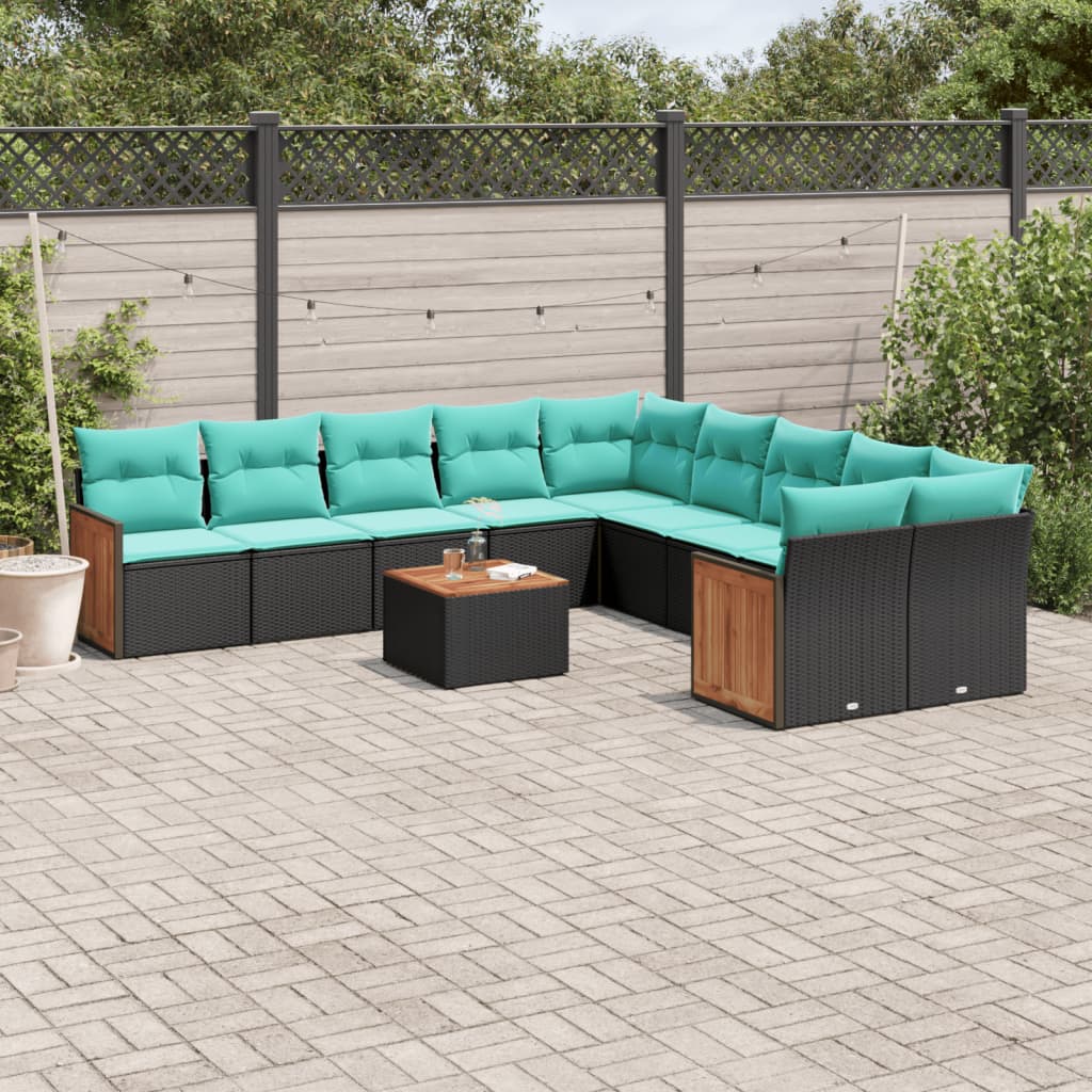 11 Piece Patio Sofa Set with Cushions Black Poly Rattan