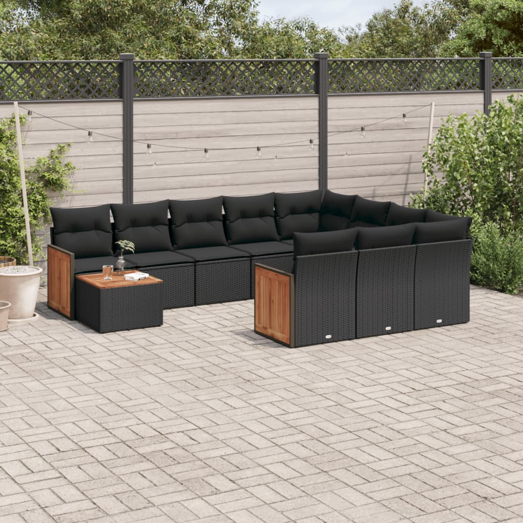 vidaXL 11-tlg. Garten-Sofagarnitur mit Kissen Schwarz Poly Rattan