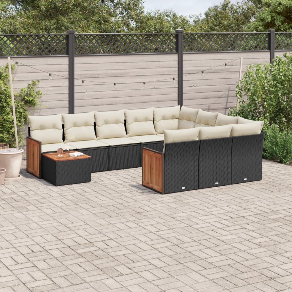 vidaXL 11-tlg. Garten-Sofagarnitur mit Kissen Schwarz Poly Rattan