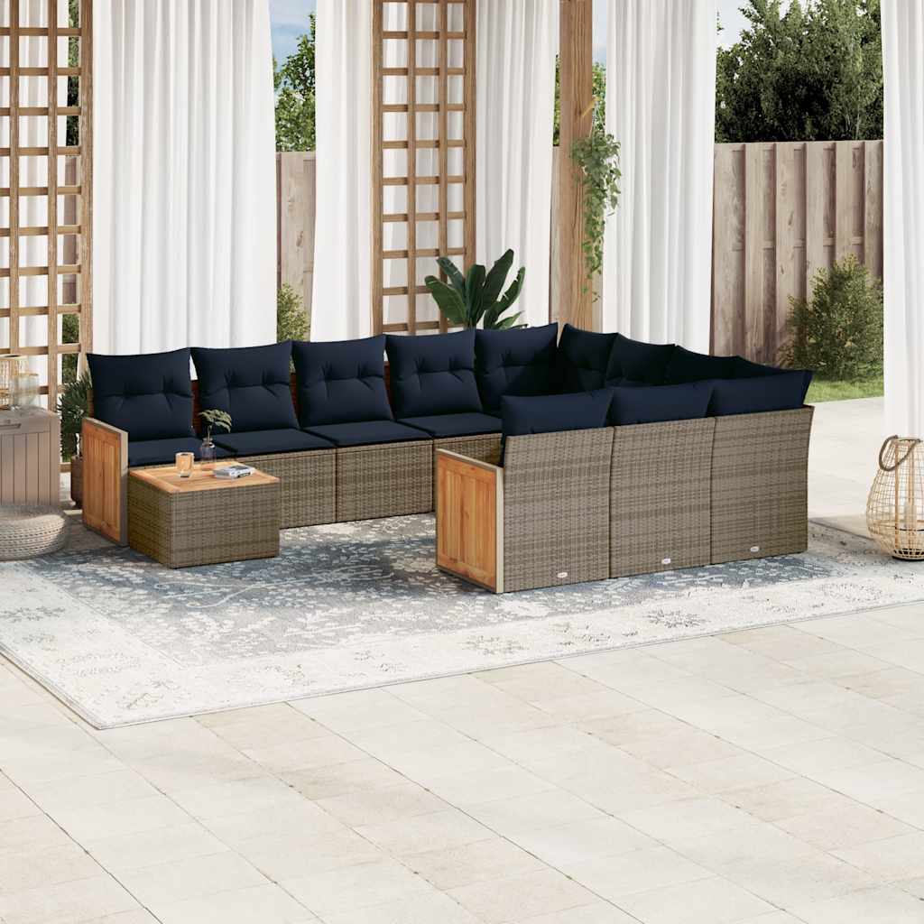vidaXL 11-teiliges Gartensofa-Set mit Kissen, grau, Polyrattan