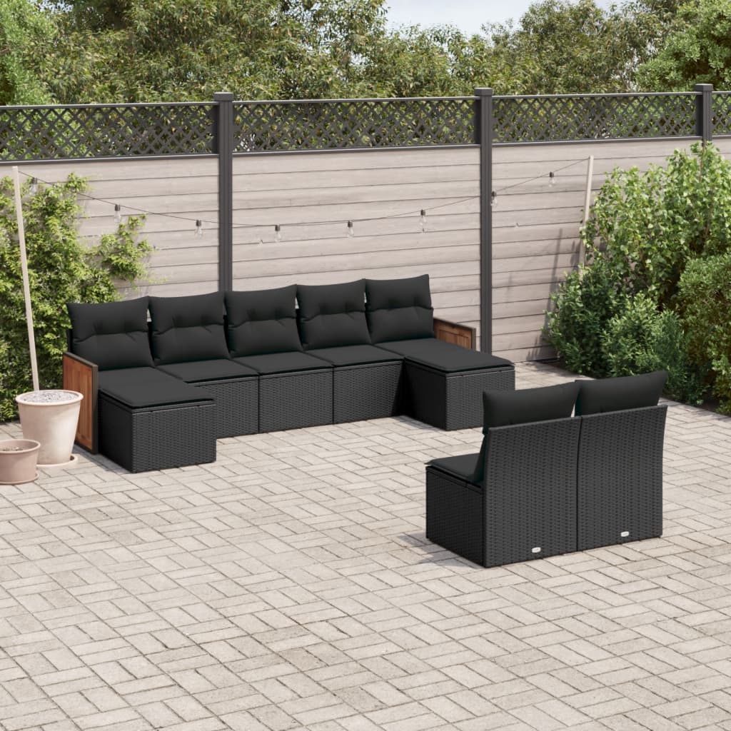 vidaXL 9-tlg. Garten-Sofagarnitur mit Kissen Schwarz Poly Rattan