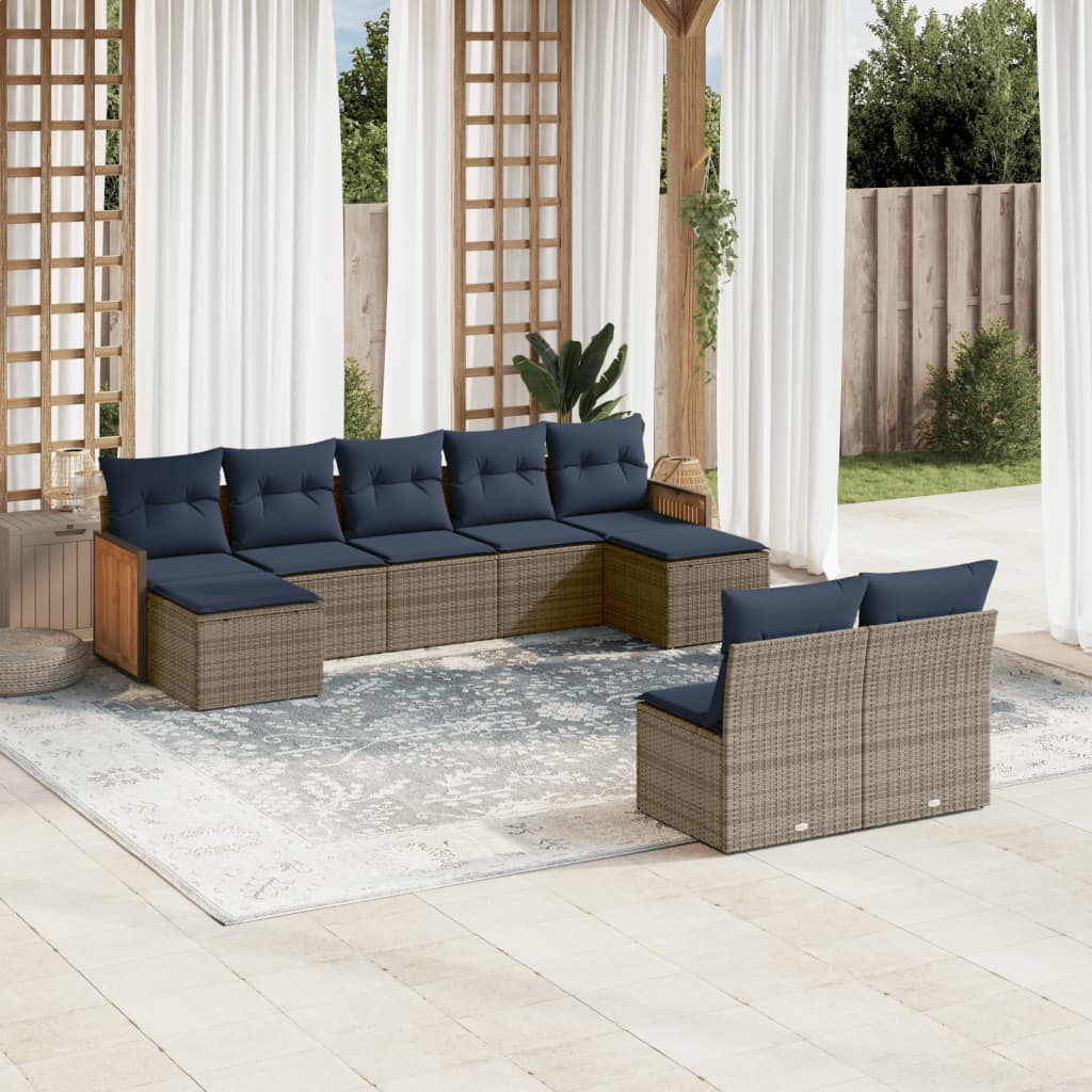 vidaXL 9-teiliges Gartensofa-Set mit Kissen, grau, Polyrattan