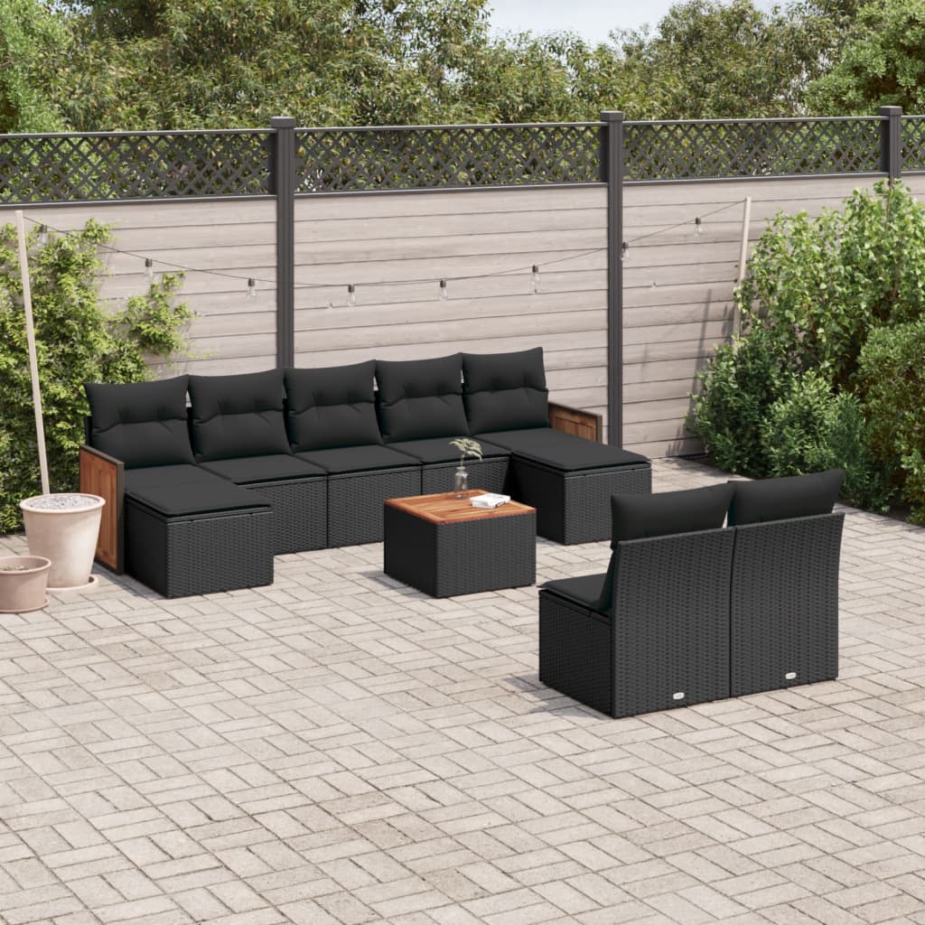 vidaXL 10-tlg. Garten-Sofagarnitur mit Kissen Schwarz Poly Rattan