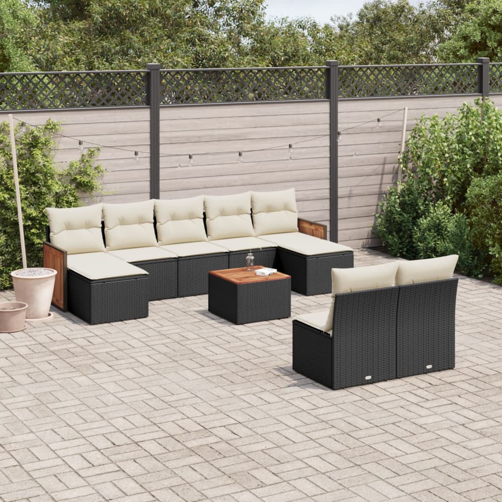 vidaXL 10-tlg. Garten-Sofagarnitur mit Kissen Schwarz Poly Rattan