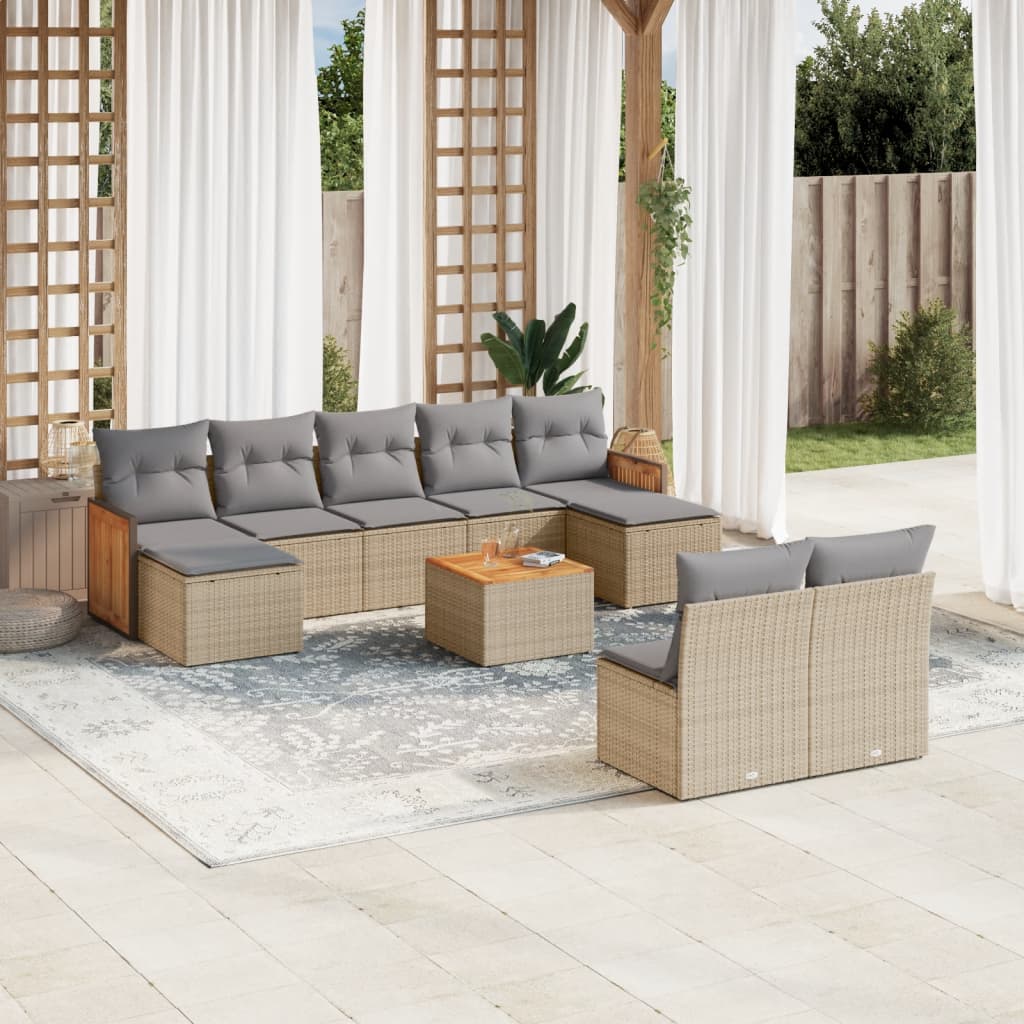 vidaXL 10-tlg. Garten-Sofagarnitur mit Kissen Beige Poly Rattan