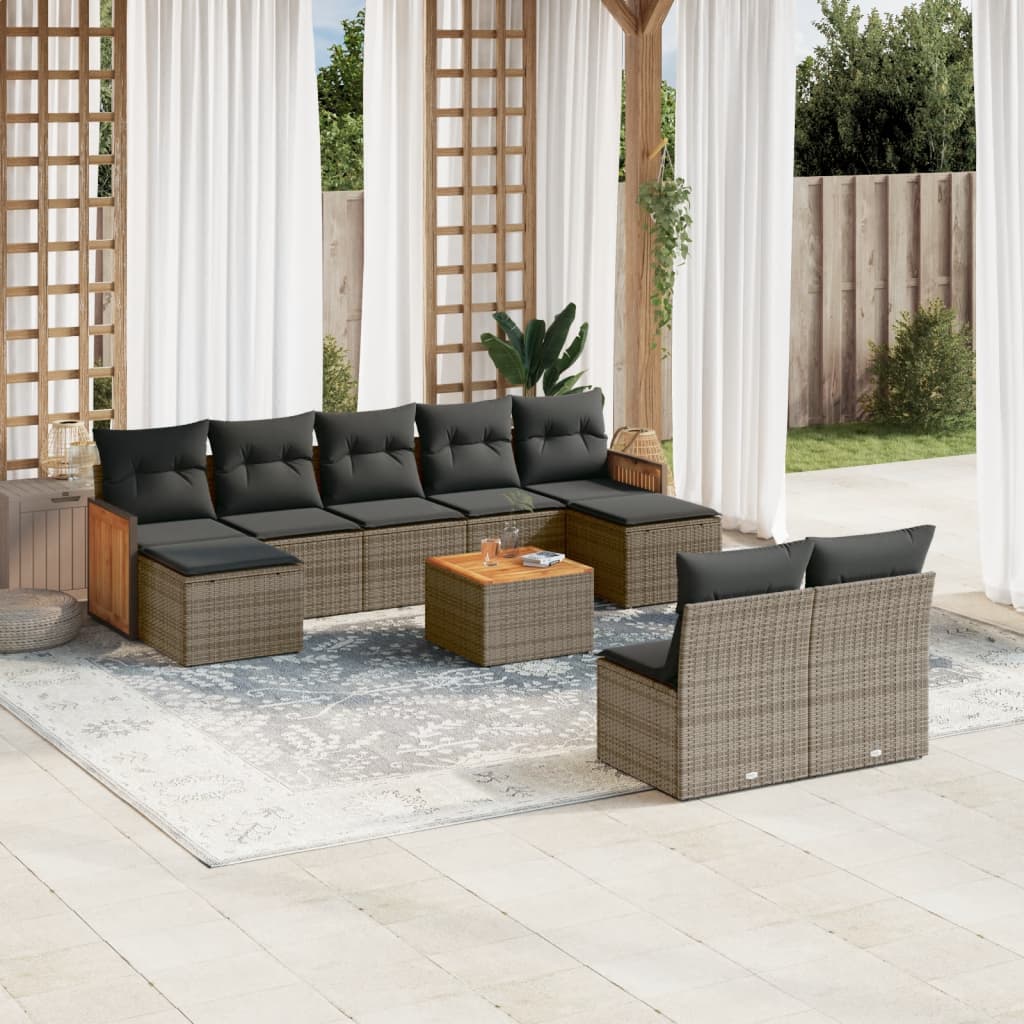 vidaXL 10-tlg. Garten-Sofagarnitur mit Kissen Grau Poly Rattan