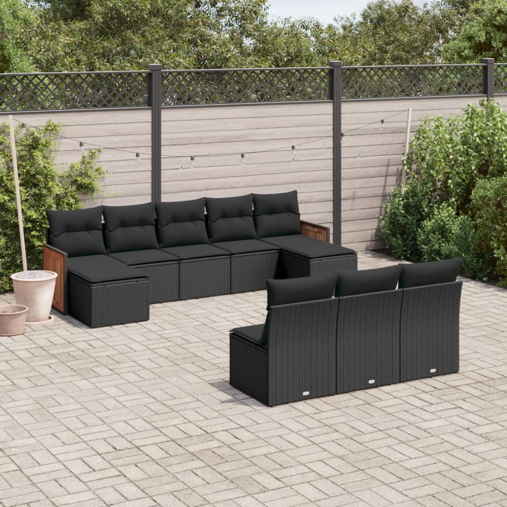 vidaXL 10-tlg. Garten-Sofagarnitur mit Kissen Schwarz Poly Rattan