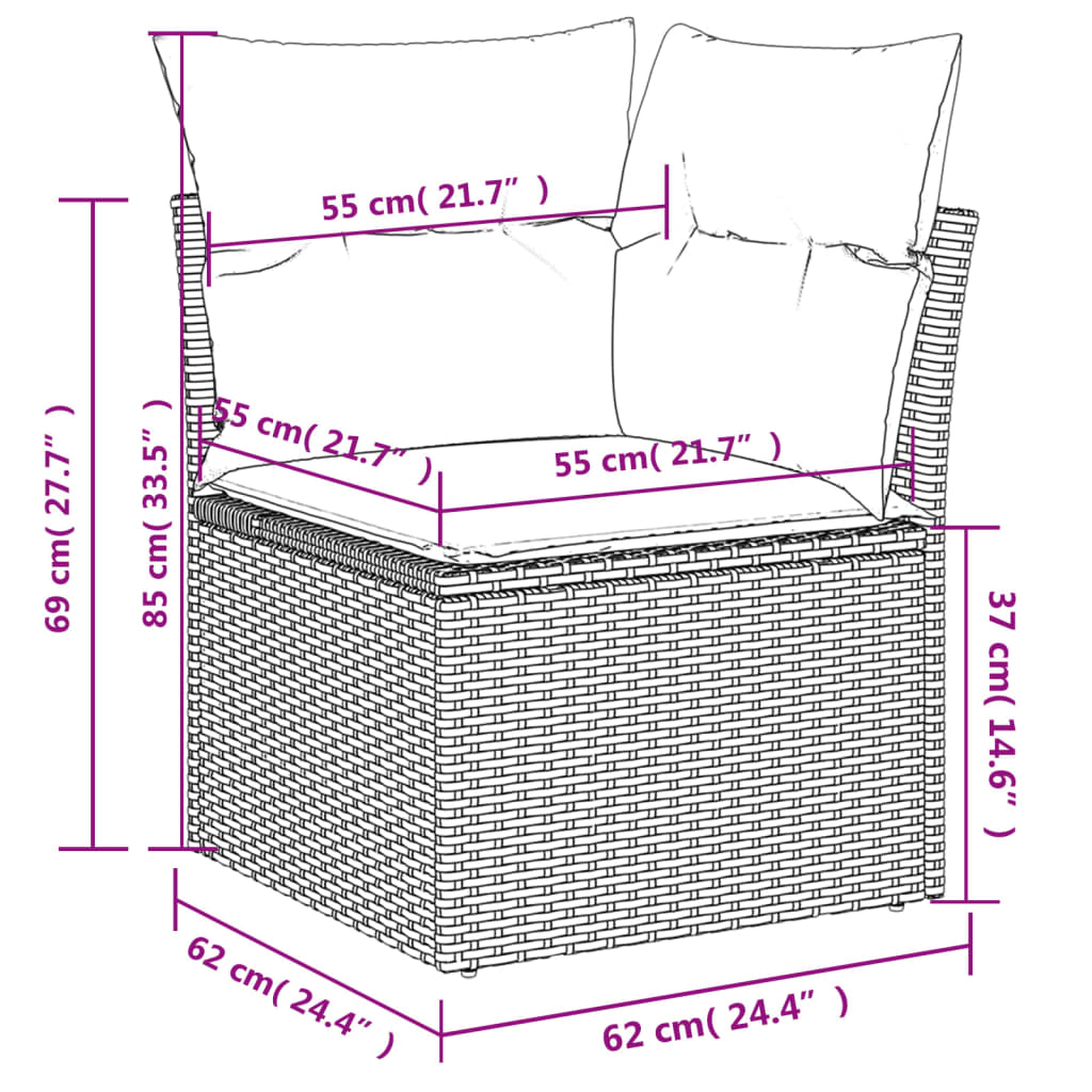 Zestaw wypoczynkowy rattan PE, kremowe poduszki, czarne, 55x62x69 cm