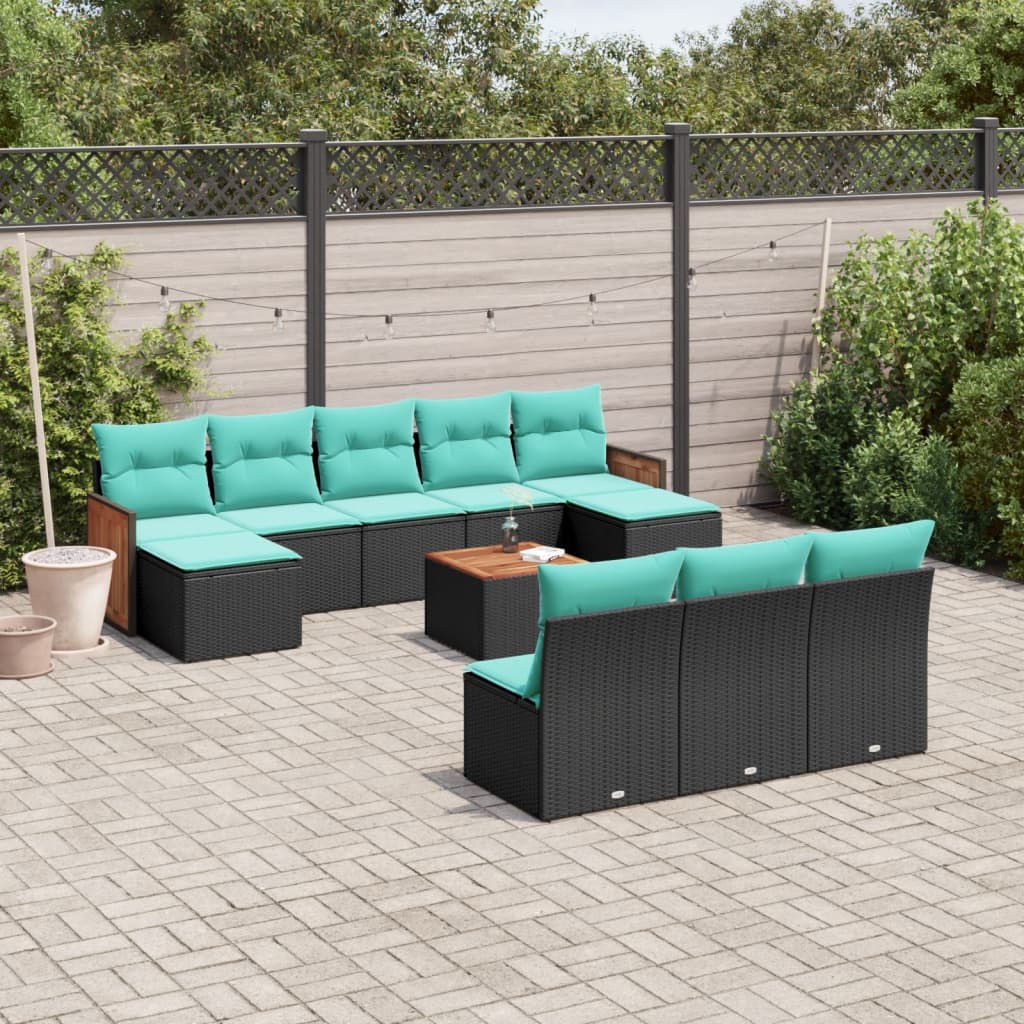 11 Piece Patio Sofa Set with Cushions Black Poly Rattan
