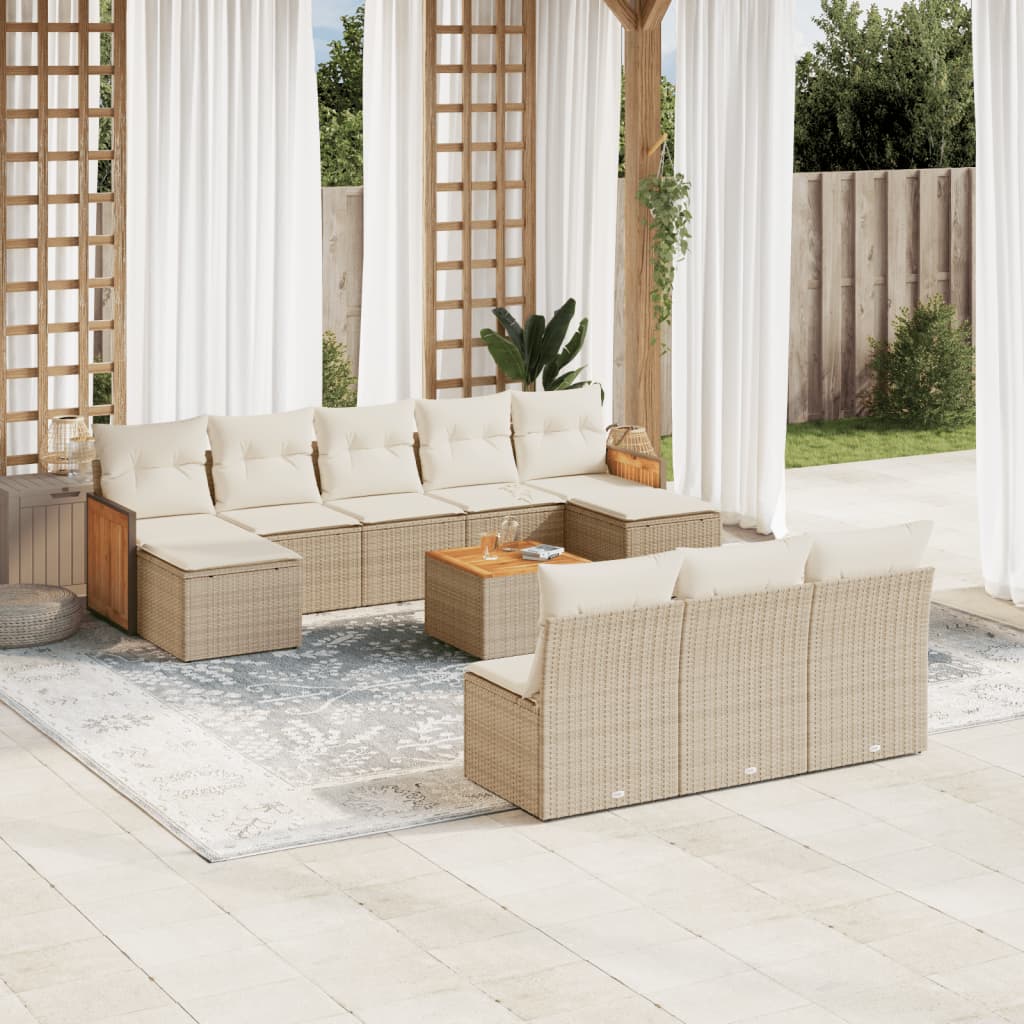 vidaXL 11-tlg. Garten-Sofagarnitur mit Kissen Beige Poly Rattan