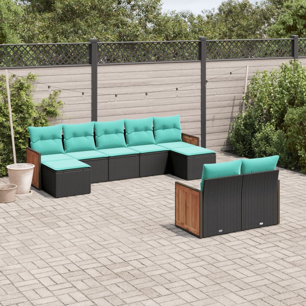 vidaXL 9-teiliges Gartensofa-Set mit Kissen, schwarzes Polyrattan