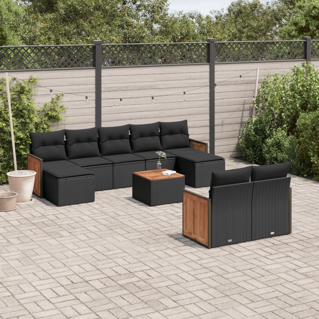 10-tlg. Garten-Sofagarnitur mit Kissen Schwarz Poly Rattan