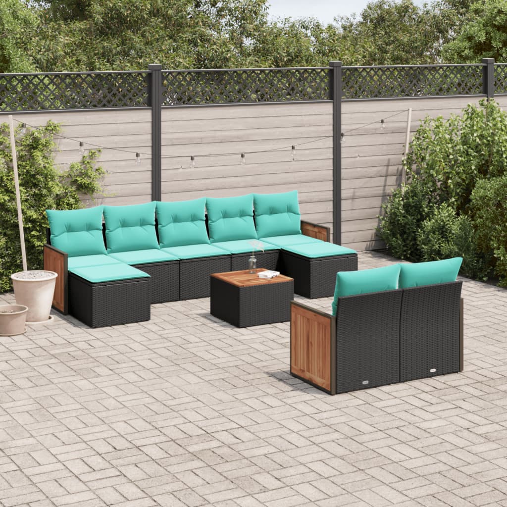 10 Piece Patio Sofa Set with Cushions Black Poly Rattan