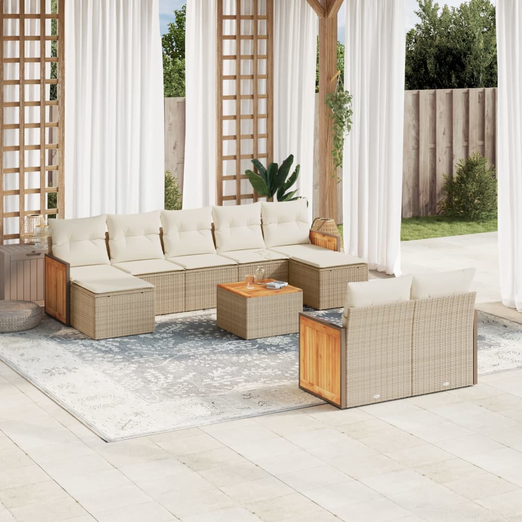 vidaXL 10-tlg. Garten-Sofagarnitur mit Kissen Beige Poly Rattan