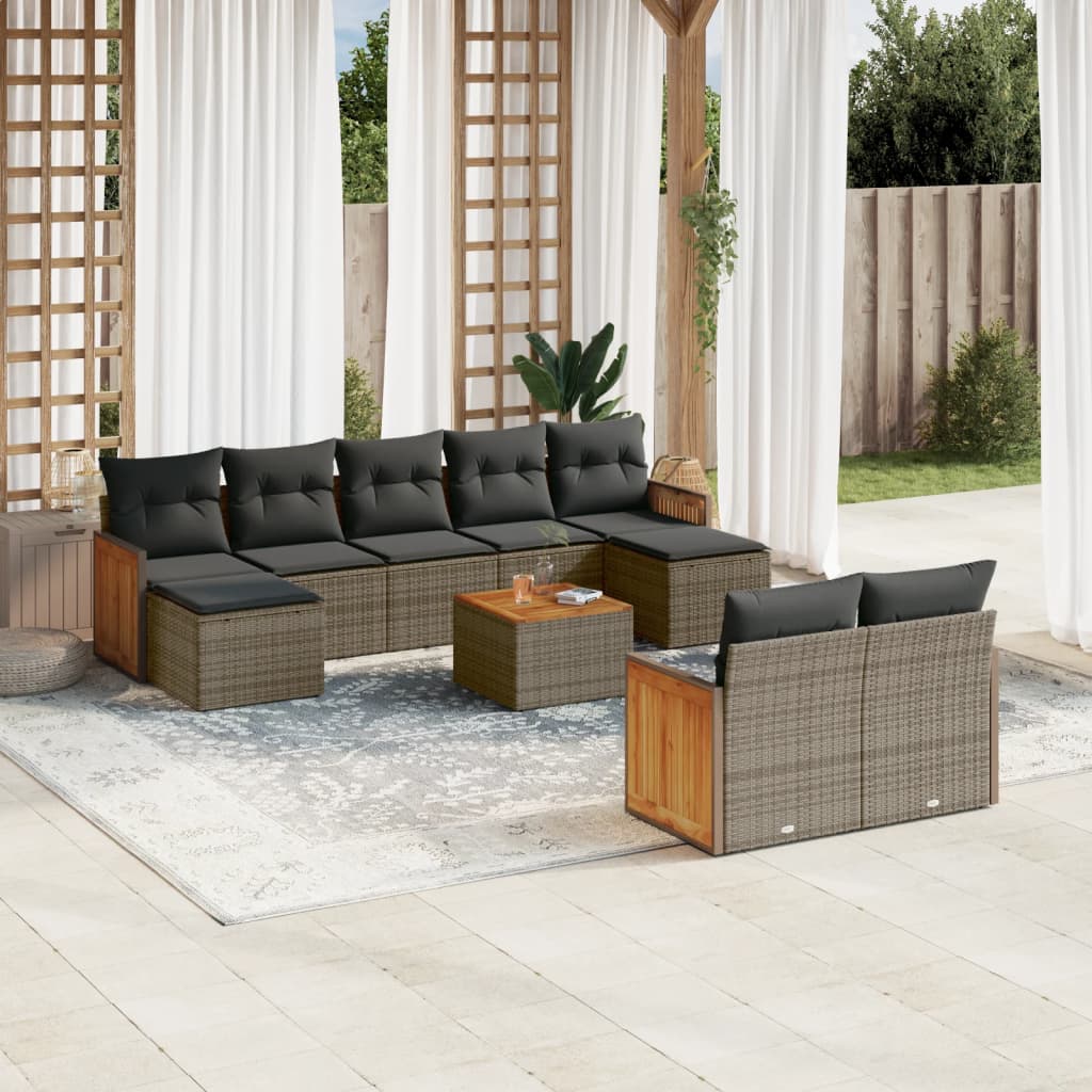 vidaXL 10-tlg. Garten-Sofagarnitur mit Kissen Grau Poly Rattan