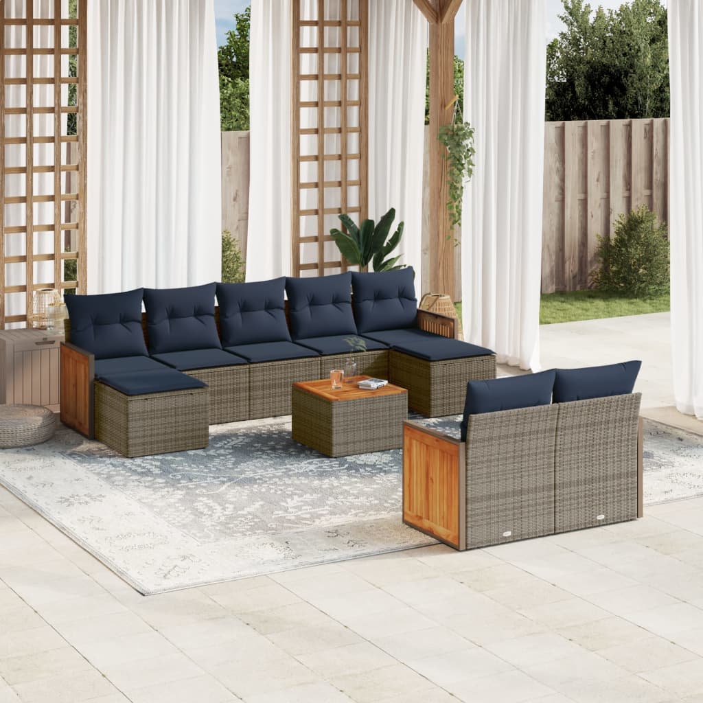 vidaXL 10-teiliges Gartensofa-Set mit Kissen, grau, Polyrattan