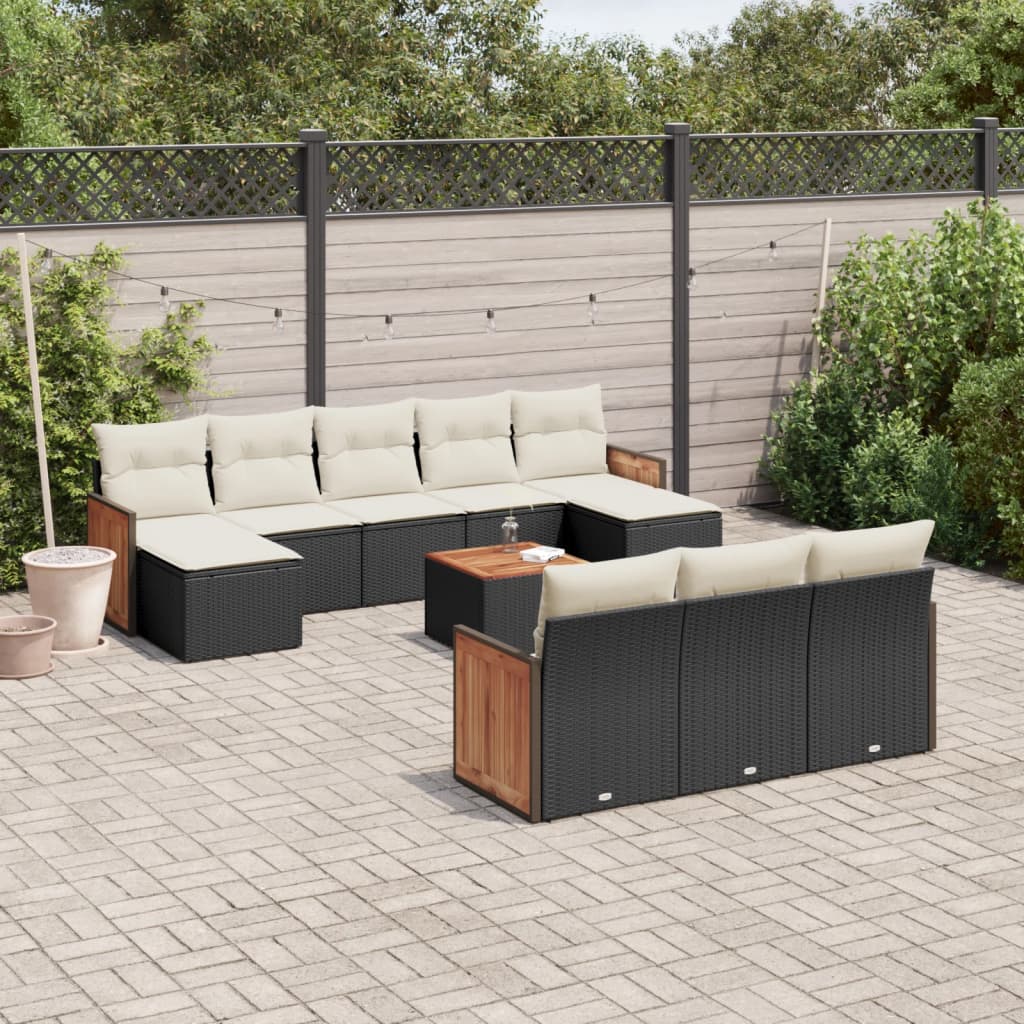 vidaXL 11-tlg. Garten-Sofagarnitur mit Kissen Schwarz Poly Rattan