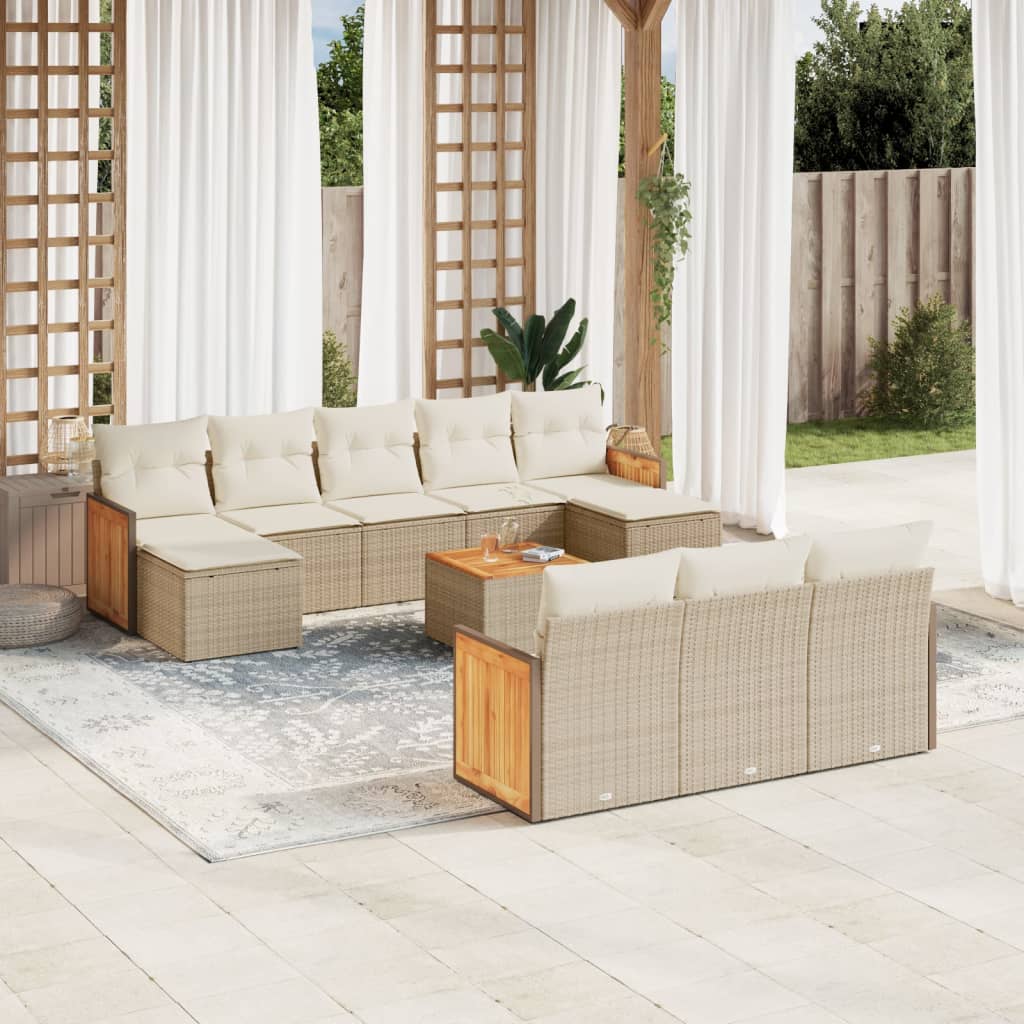 vidaXL 11-tlg. Garten-Sofagarnitur mit Kissen Beige Poly Rattan