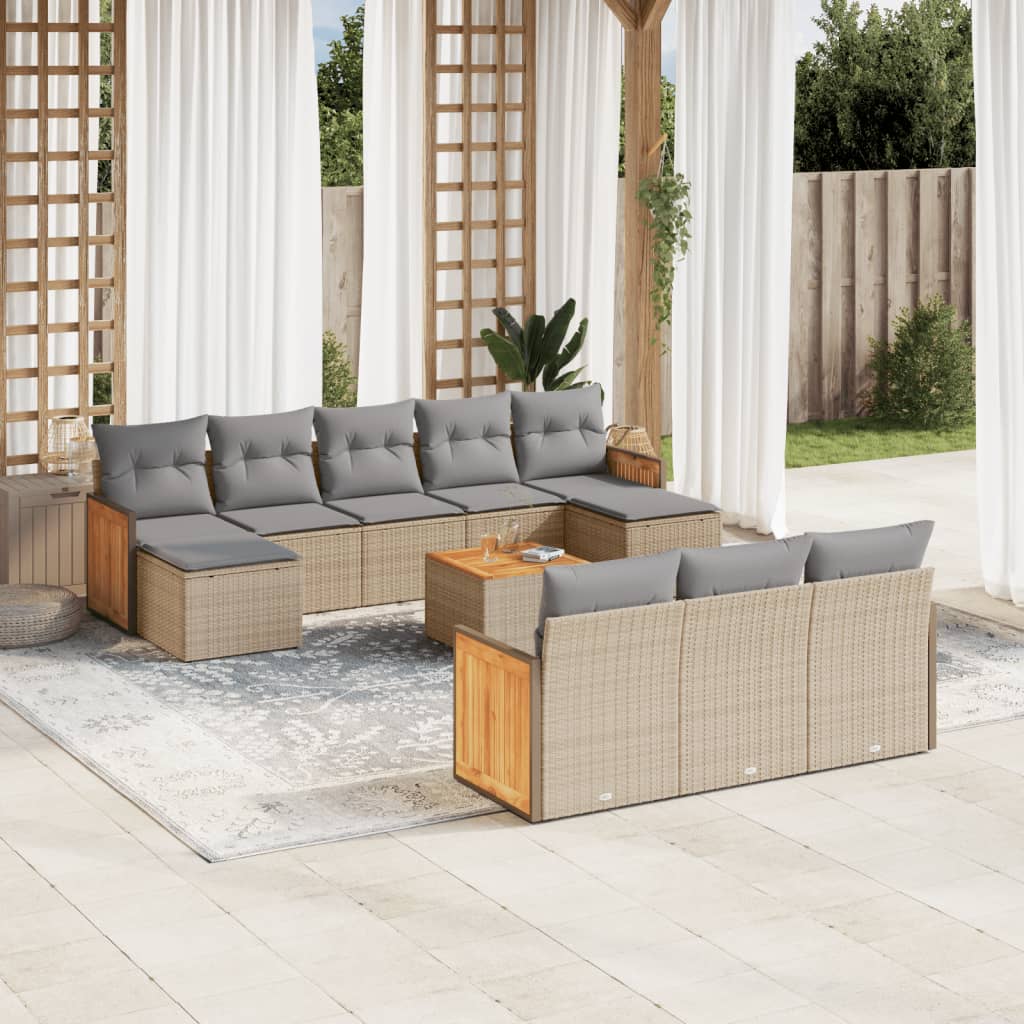 vidaXL 11-tlg. Garten-Sofagarnitur mit Kissen Beige Poly Rattan