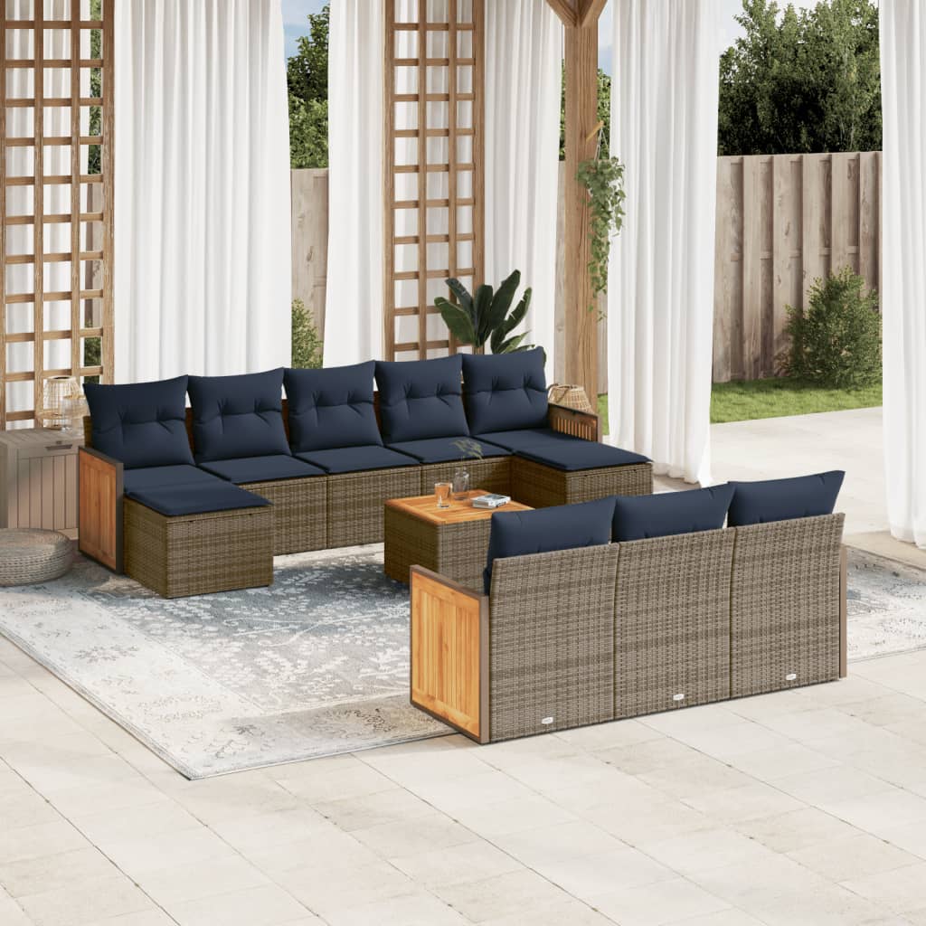 vidaXL 11-teiliges Gartensofa-Set mit Kissen, grau, Polyrattan