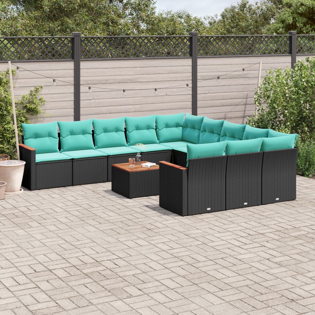 vidaXL 12-teiliges Gartensofa-Set mit Kissen, schwarzes Polyrattan