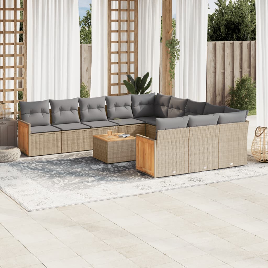 12-tlg. Garten-Sofagarnitur mit Kissen Beige Poly Rattan