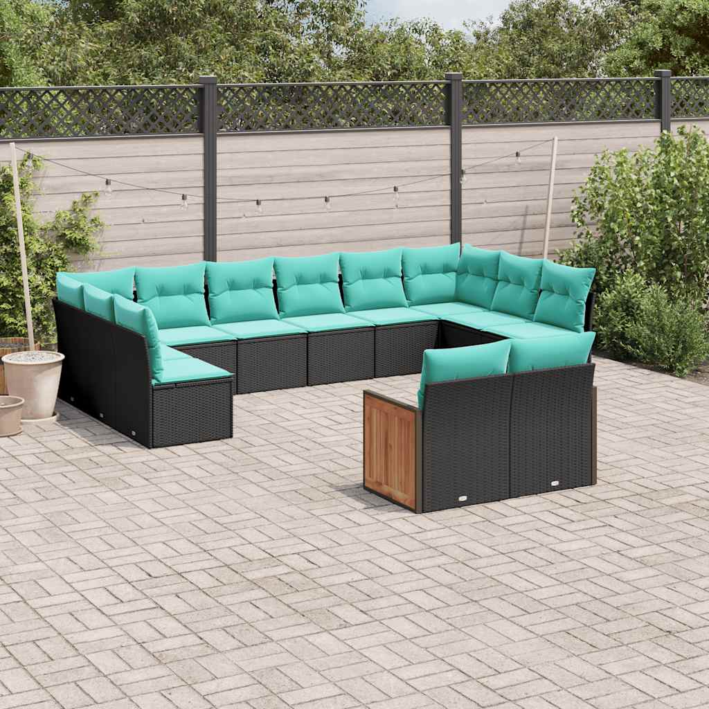 12-delt havesofasæt i sort polyrattan med blå hynder - modulært loungesæt