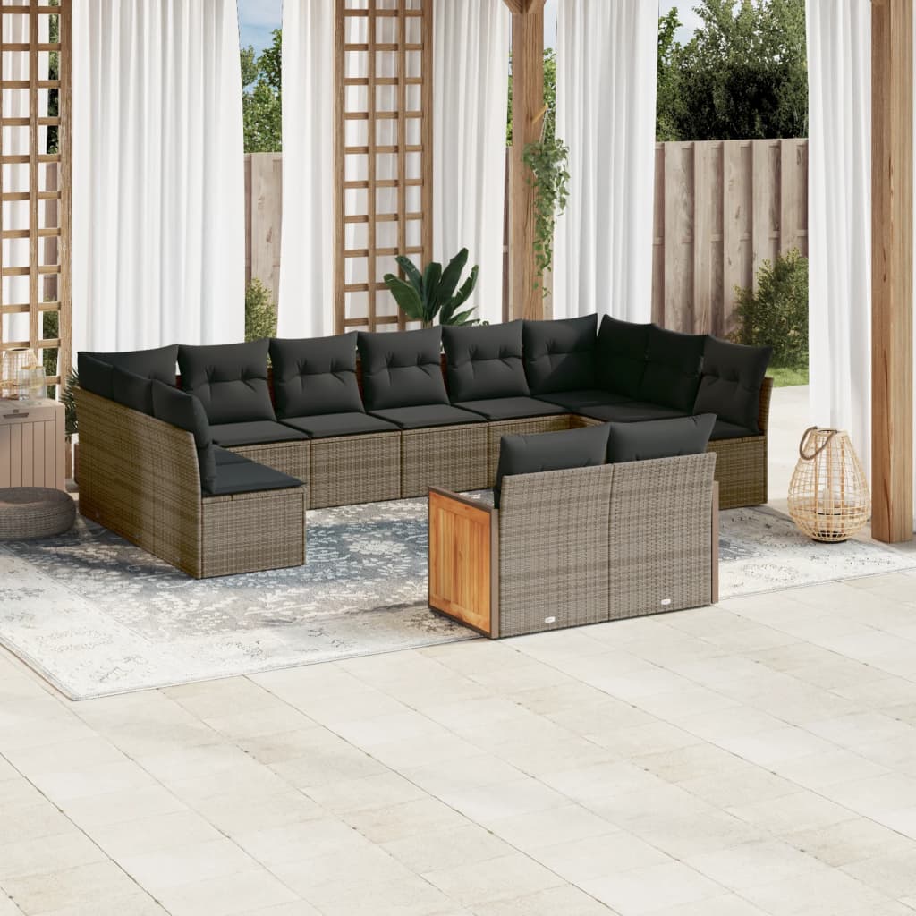 12-tlg. Garten-Sofagarnitur mit Kissen Grau Poly Rattan