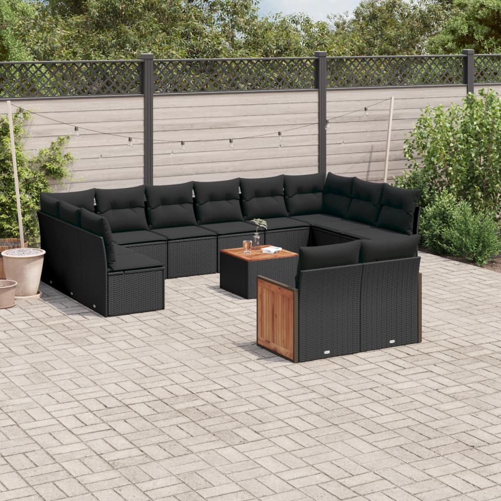 vidaXL 13-tlg. Garten-Sofagarnitur mit Kissen Schwarz Poly Rattan