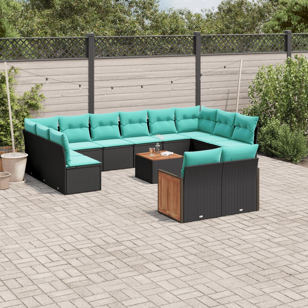 vidaXL 13-teiliges Gartensofa-Set mit Kissen, schwarzes Polyrattan