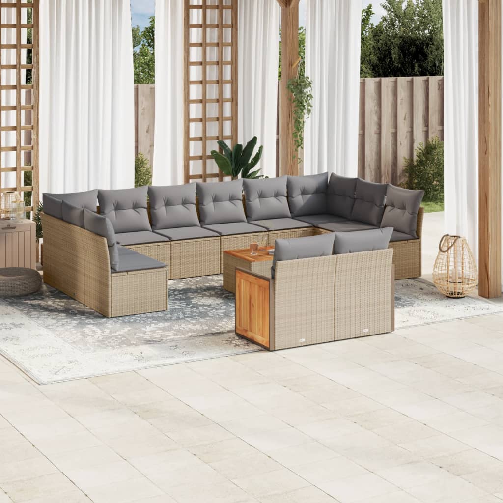 13-tlg. Garten-Sofagarnitur mit Kissen Beige Poly Rattan