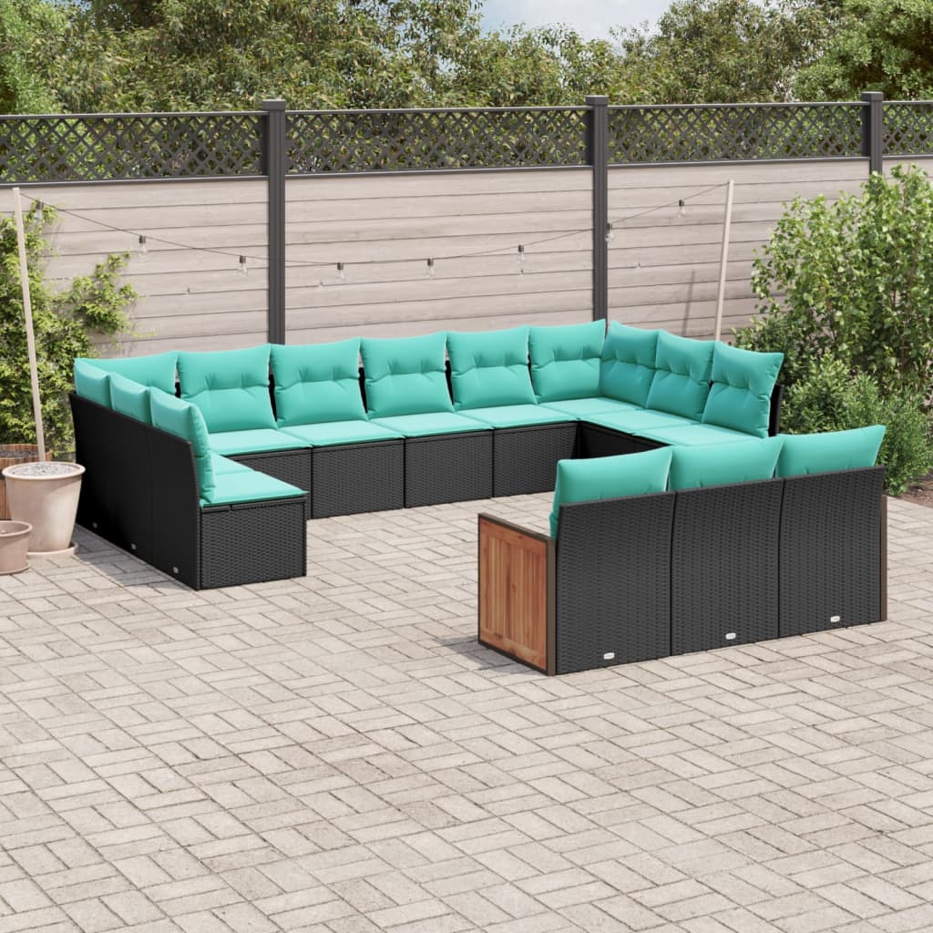 vidaXL 13-teiliges Gartensofa-Set mit Kissen, schwarzes Polyrattan