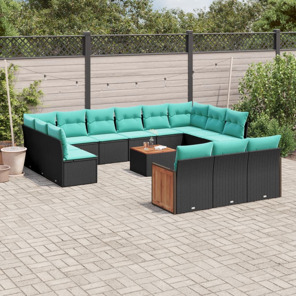 vidaXL 14-teiliges Gartensofa-Set mit Kissen, schwarzes Polyrattan